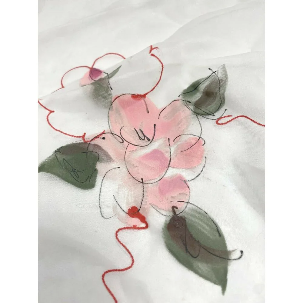 Vintage 1960s Sheer White Valances Curtains 4 Made Japan Hand Painted Pink Red